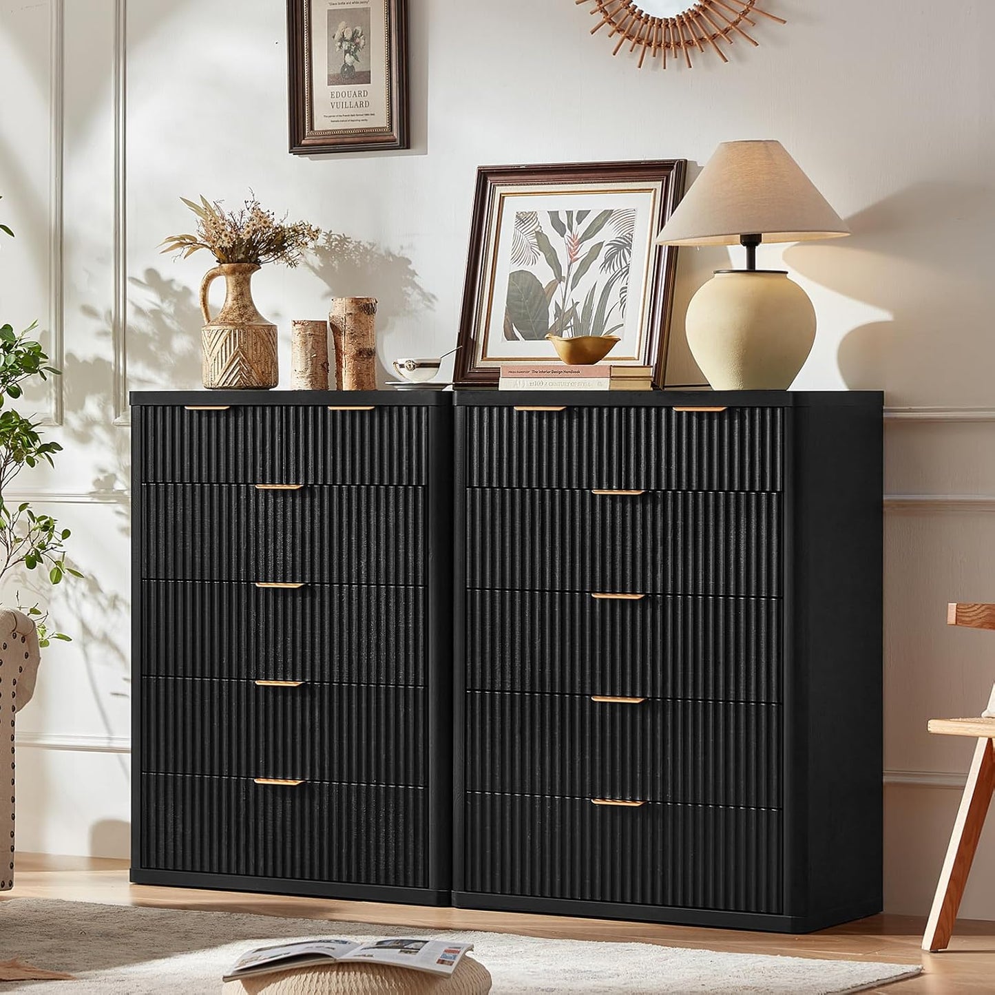LEYAOYAO Fluted 6 Drawers Dresser for Bedroom, 42" Tall Modern Chest of Drawers with Metal Handle, Curved Profile Design,Black Wood Drawer Organizer for Bedroom, Living Room, Hallway, Entryway