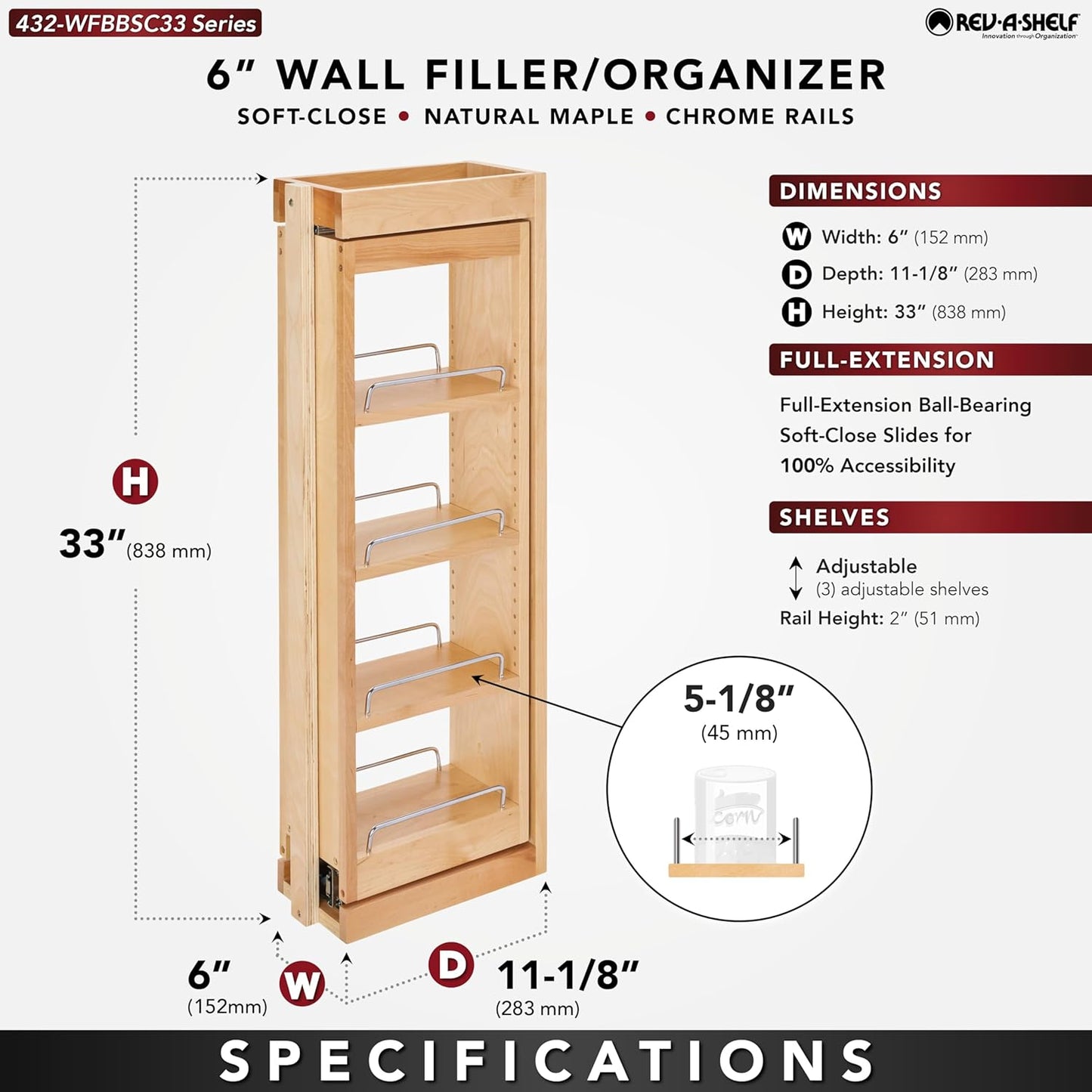 Rev-A-Shelf Kitchen Cabinet Pullout Wall Filler Wooden Organizer Slide Out Pantry Storage w/Soft-Close in Multiple Sizes, 6 x 33 in, 432-WFBBSC33-6C