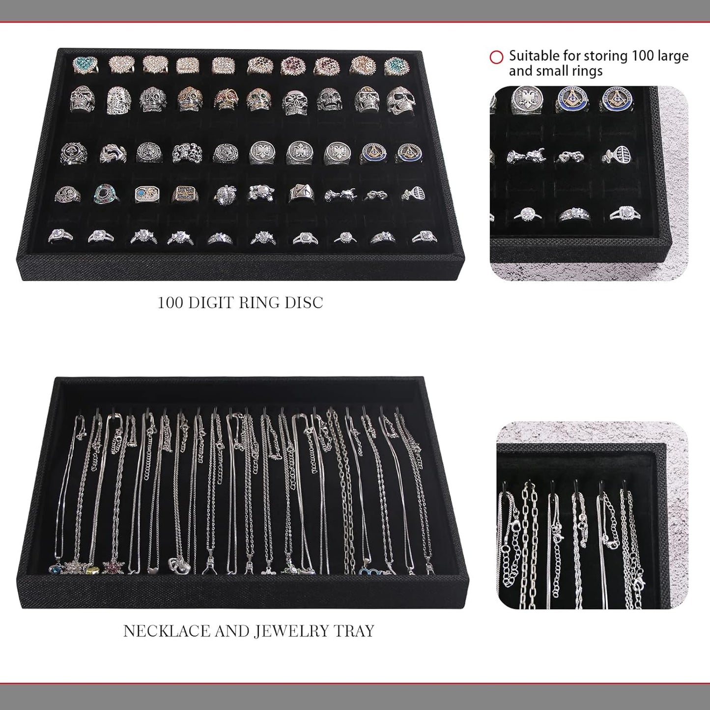 Julysky 4 Pcs/set Stackable Jewelry Organizer Trays for Drawer,100 Slots Ring Tray，Necklace Tray,12 Grid,24 Grid Jewelry Displays for Selling,Black
