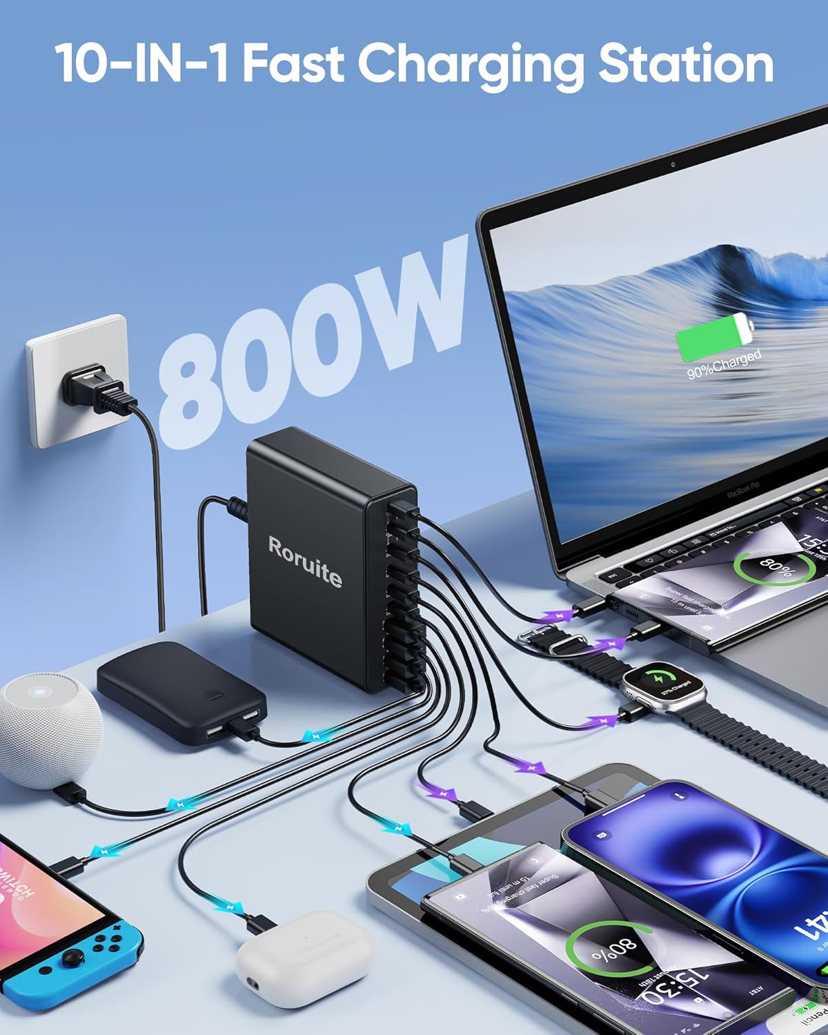 800W USB C Charging Station, 120W PD GaN5 Super Fast USB C Charger Block-10 Port, Type C for PC Laptop MacBook Pro/Air Charger Compatible with iPhone 17 16 15 14 13 12 Pro Max, iPad, Galaxy (Black)