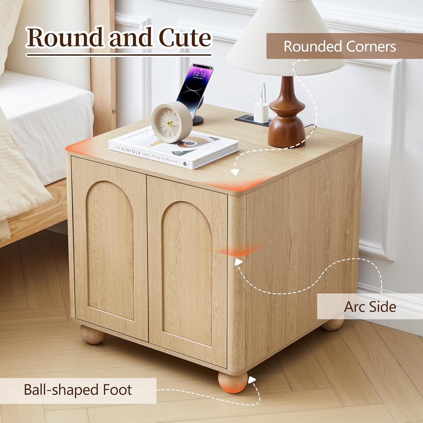 Bed Side Table Set of 2 with Charging Station, Mid Century Modern Nightstand with 2 Doors, Square End Table with Storage for Couch,Living Room, Sofa Side Table for Office,Dorm - Natural