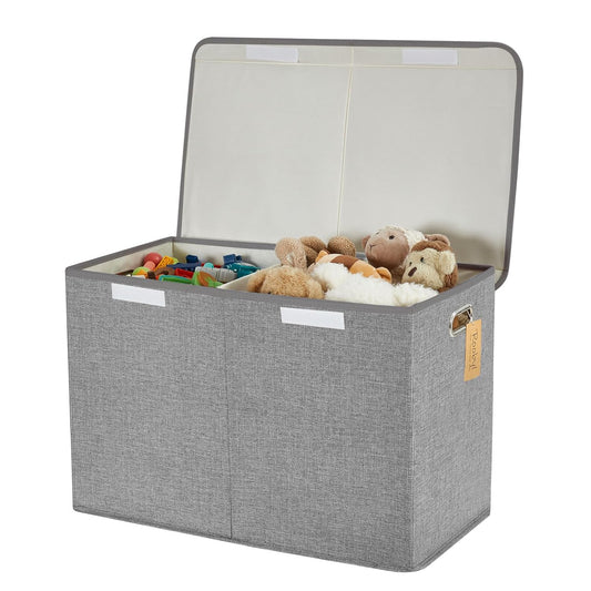 Large Toy Box with Flip-Top Lid, Collapsible Storage Organizer Bins with Dividers and Handles, Kids Bin Chest Baskets for Toys, Playroom Organizers, Nursery 25"x13" x16" (Gray)