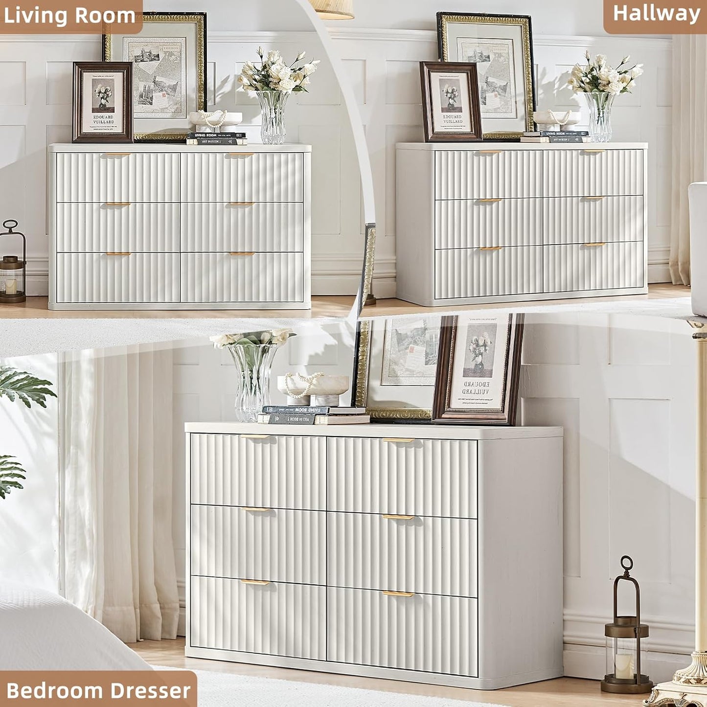 LEYAOYAO Fluted 6 Drawers Dresser, 48" Wide Modern Chest of Drawers with Wood Grain Top, Curved Profile Design, Dresser TV Stand, Wood Drawer Organizer for Bedroom, Living Room, Antique White