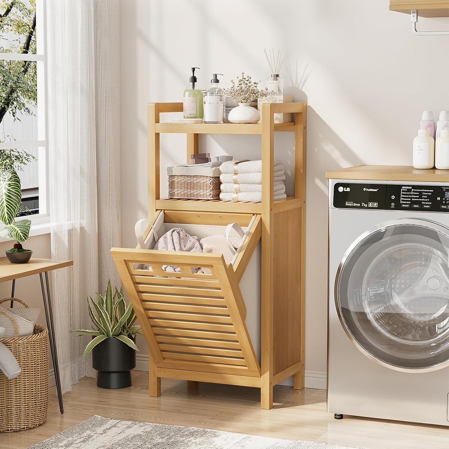 Homykic Tilt Out Laundry Hamper, 10 Gal Bamboo Laundry Storage Cabinet with Removable Basket, Hidden Hamper Organizer with Shelf for Dirty Clothes, Bathroom, Laundry Room, Space Saving, Natural