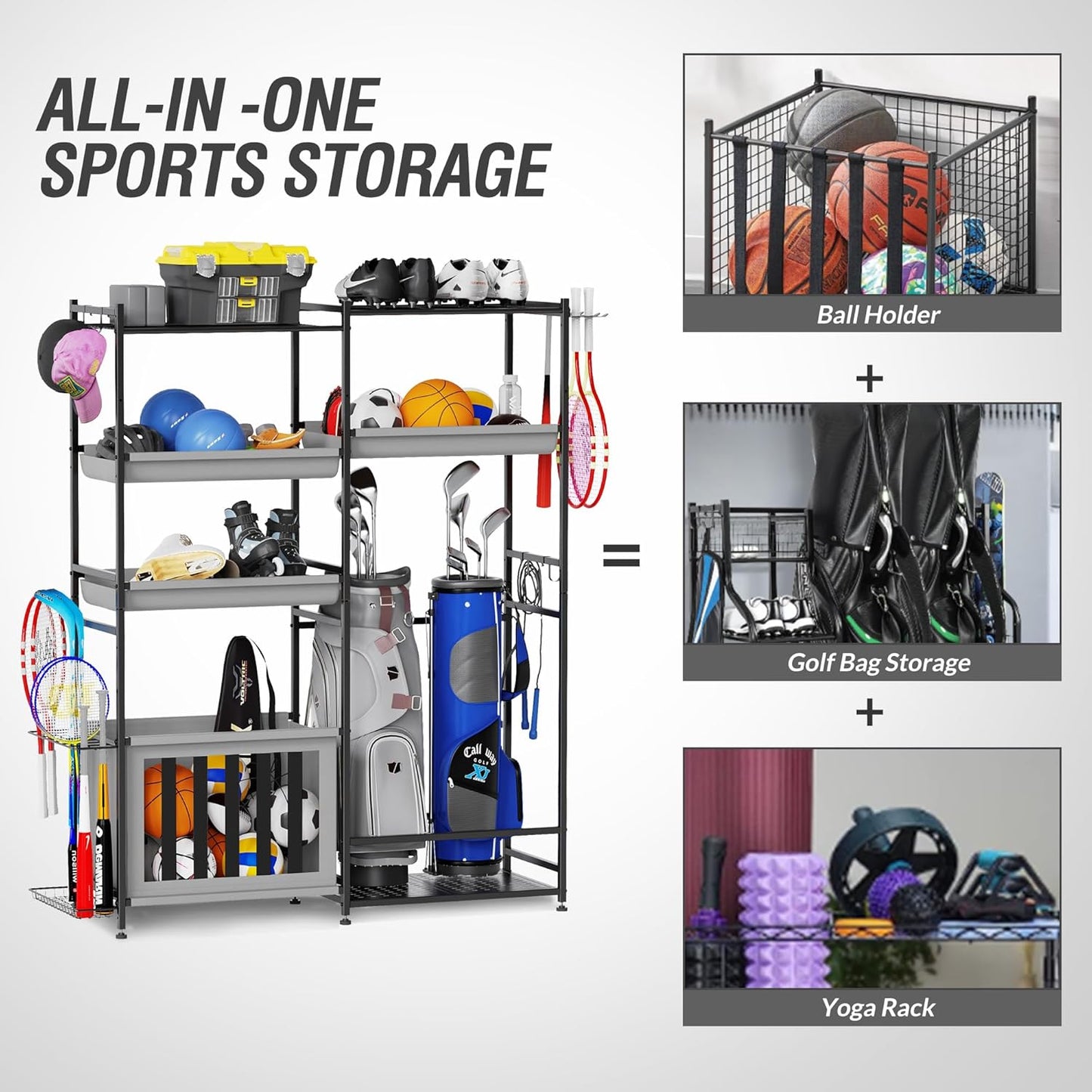 Garage Sports Equipment Organizer, Heavy Duty Ball Storage Rack with Baskets & Hooks, Golf Bag Stand for 2 Bags, Outdoor & Indoor Sports Organizer for Kids Toys,Basketball,Football,Gym & Fitness Gear