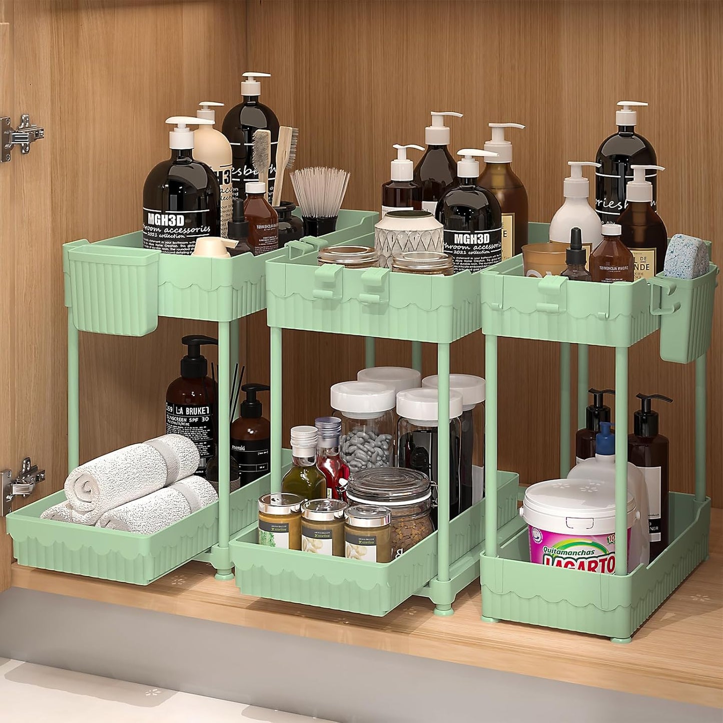 3 Pack Under Sink Organizers, 2-Tier Multi-Use Kitchen and Bathroom Organizers and Storage with Sliding Drawers，Bathroom Cabinet Organizer (Green, 14.8 Inch)