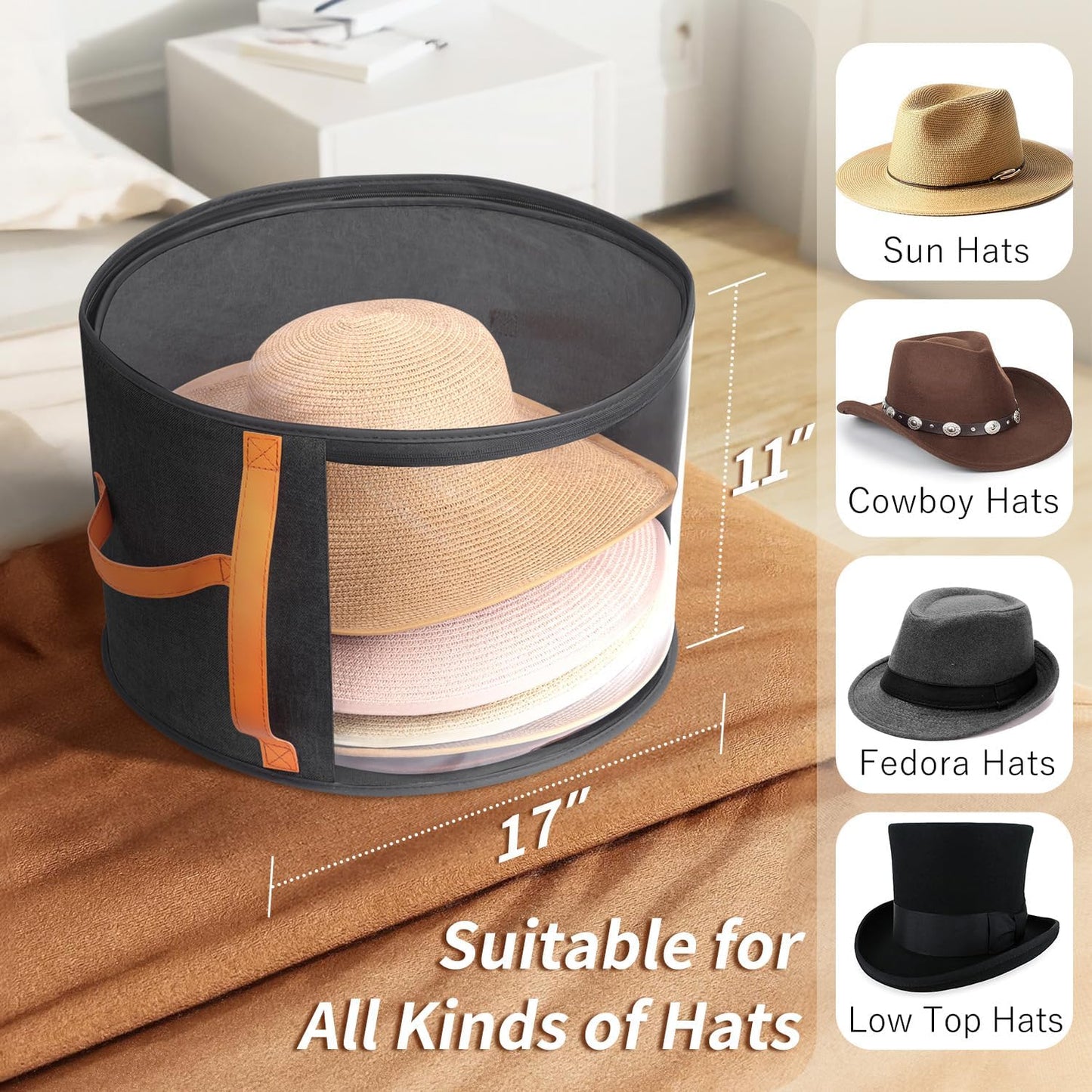 Oversized Clear Hat Storage Box for Women, Cowboy Hat Organizer for Closet, Wide Brims Hat Case with Carrying Handles, Hat Bag (Black)