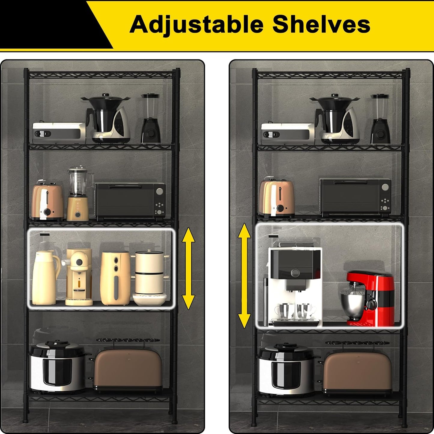 GIOTORENT 5-Wire Garage Shelving Storage Shelves, Kitchen Storage Adjustable Shelf, Metal Shelves 500Lbs Capacity 21" L x 11.8" W x 53.8" H for Laundry Bathroom Pantry Closet, Grey