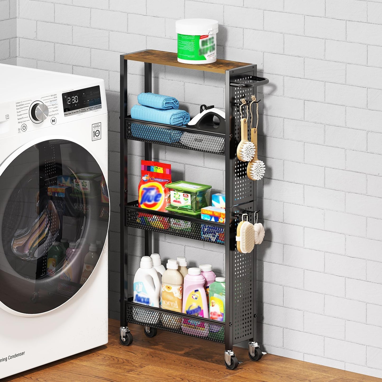 Utility Slim Storage Cart 4 Tier Small Rolling Kitchen Laundry Room Organization Cart with Wood Top Metal Narrow Laundry Room Shelves Cabinet Unit Laundry Organizer Trolley with Handle for Small space