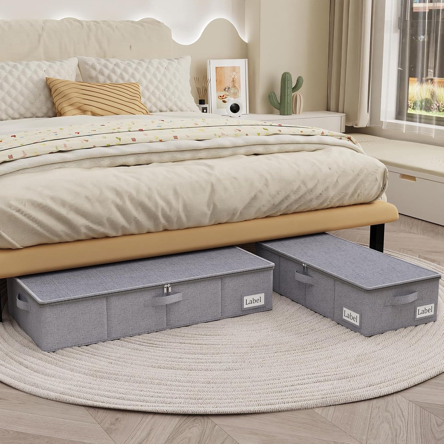 Yawinhe Foldable Underbed Storage Bags, Containers Bin with Lids, Large Under Bed Organizer Box, with Sturdy Zipper und Label Holders, for Clothing, 31.5''Lx15.7''Wx6''H, 4 Pack, Grey
