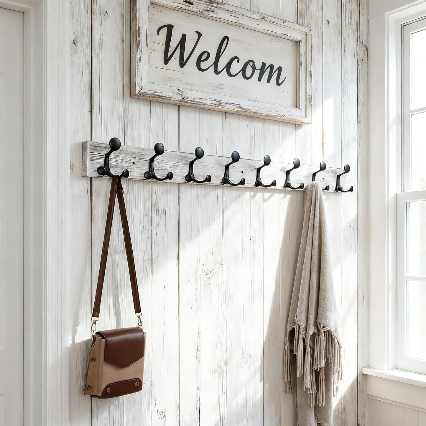 SKOLOO 43-Inch Wood Coat Rack Wall Mount with 8 Triple Hooks - Ideal for Family Entrances, Classrooms, and Pet Supplies Storage - Perfect Coat Hooks for Wall,Distressed White Wash