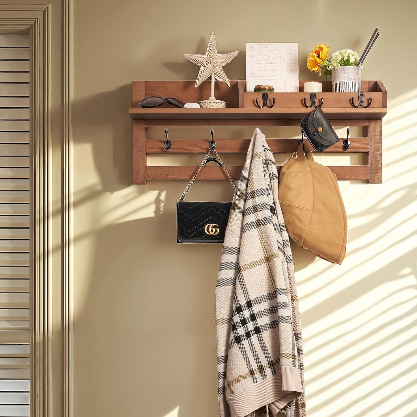 Coat Rack Wall Mount with Hooks & Shelf - Wooden Entryway Organizer for Hanging Coats, Keys, Hangers - Space Saving Durable Wood Holder for Hallway, Bedroom, Office-The Essential Model