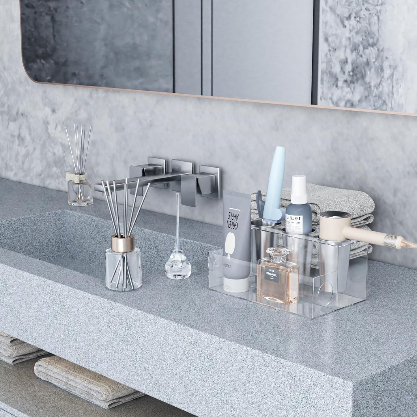 Clear Hair Tool Organizer, Blow Dryer Holder, Acrylic Bathroom Supplies Countertop and Vanity Caddy Storage for Accessories, Makeup, Toiletries