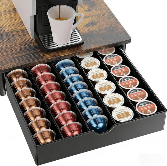 Coffee Pods Drawer Organizer Compatible with Nespresso Vertuo Pods Holds Up to 60 Small or 40 Large (Wood)