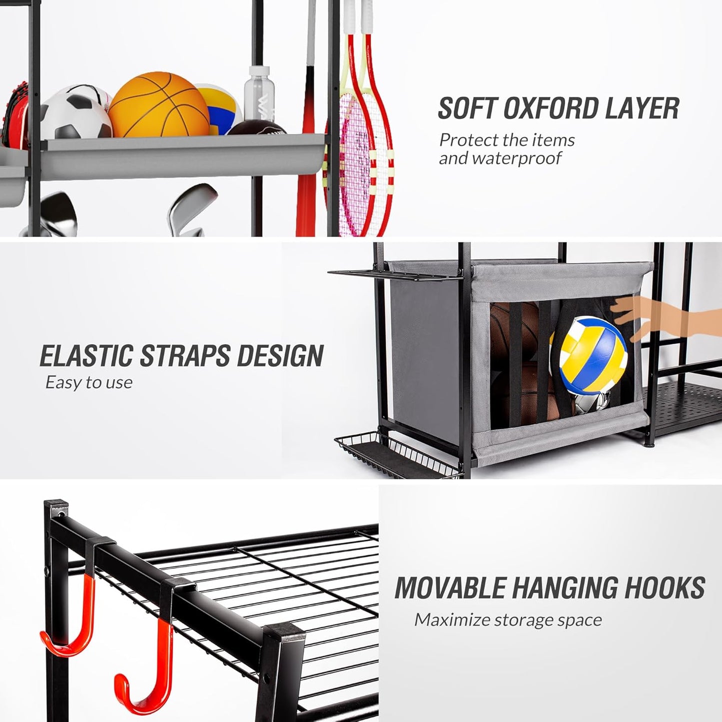 Garage Sports Equipment Organizer, Heavy Duty Ball Storage Rack with Baskets & Hooks, Golf Bag Stand for 2 Bags, Outdoor & Indoor Sports Organizer for Kids Toys,Basketball,Football,Gym & Fitness Gear