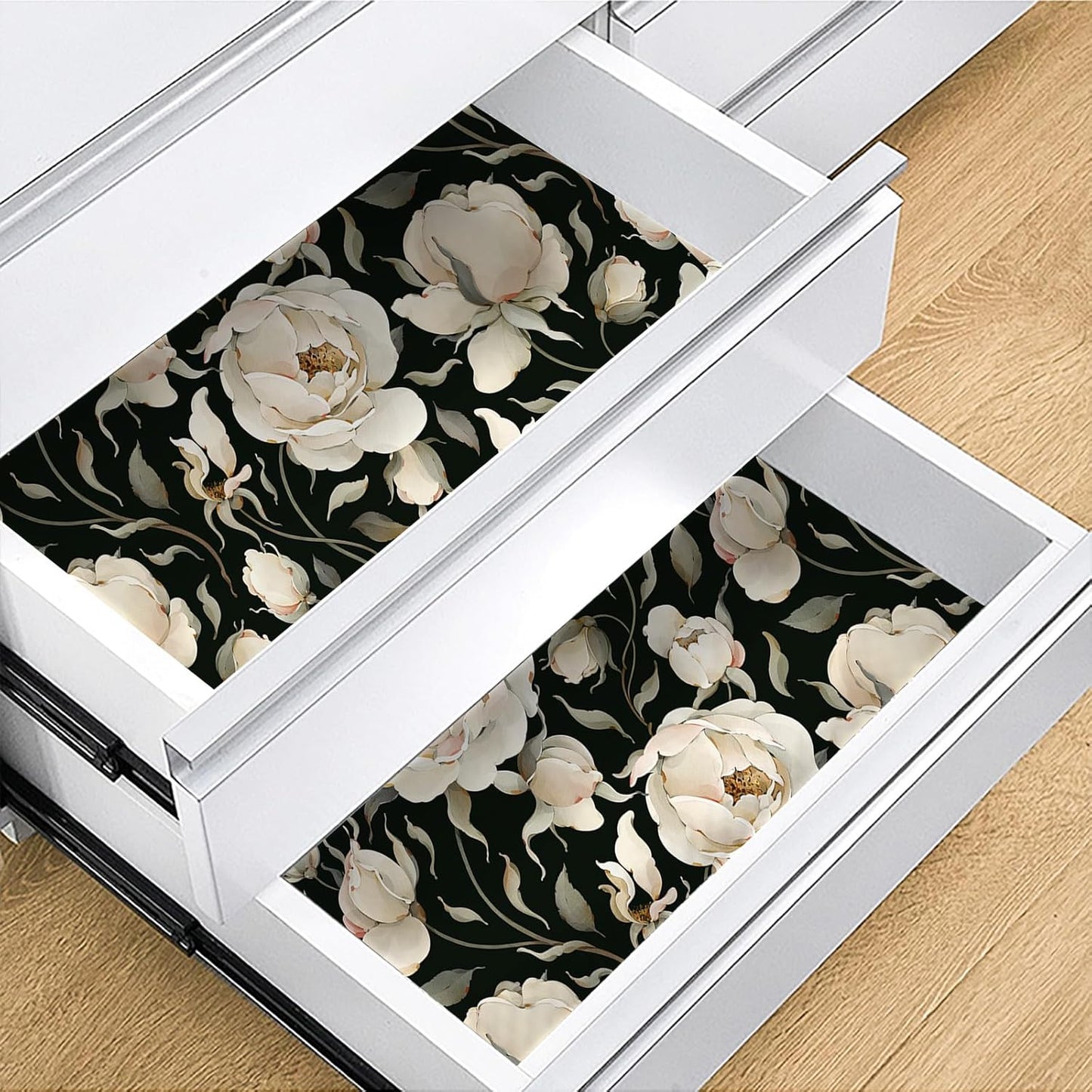 HAOKHOME Shelf Liner and Cabinet Liner Floral Peony, Self-Adhesive Drawer Liners, Peel and Stick Contact Paper for Kitchen Cupboard, Non Slip Bathroom Drawers, Black Cream 17.7in x 6.5ft