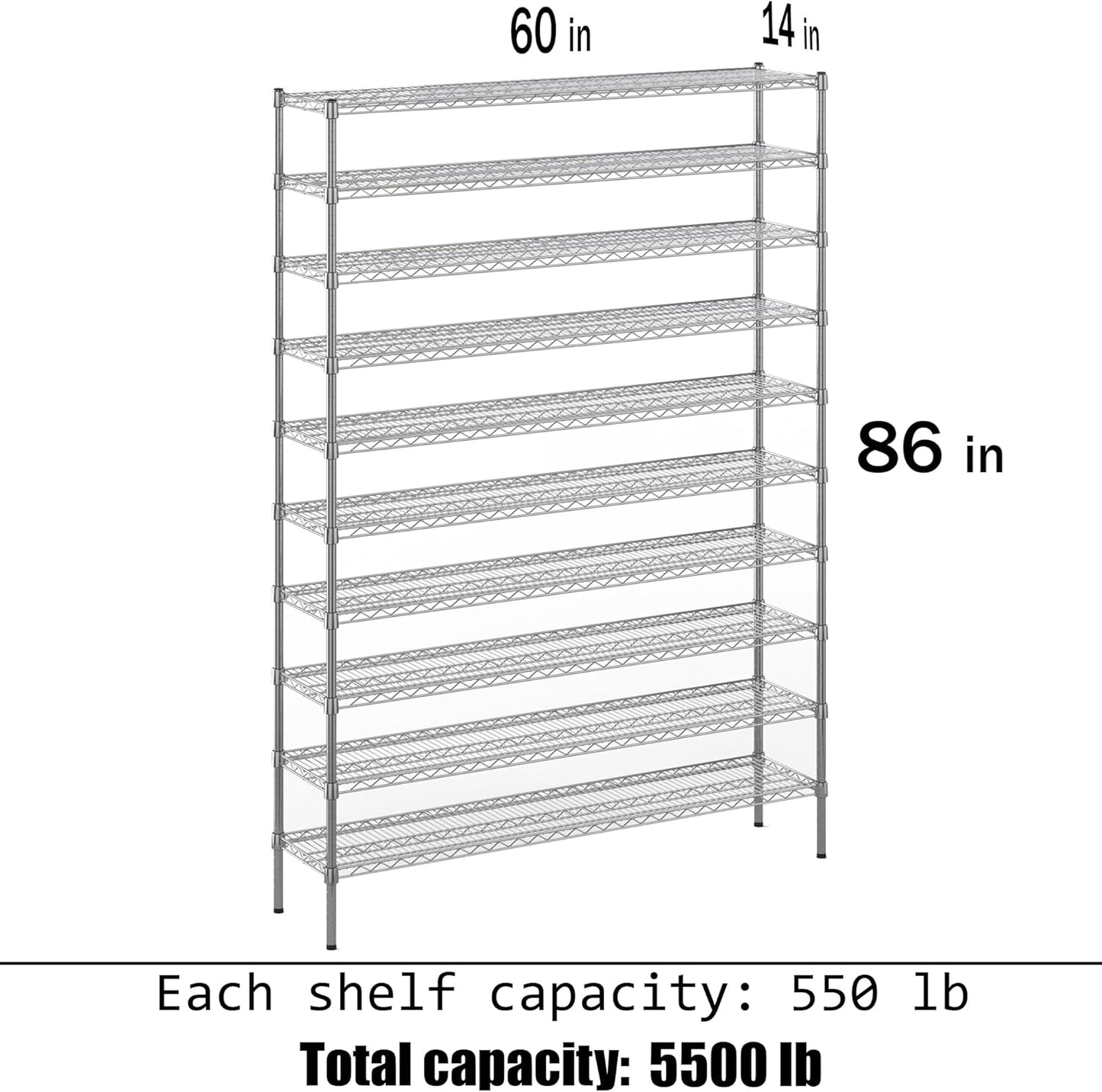14" Deep x 60" Wide x 86" Height Wire Shelving Kit | 10-Tier | NSF Commercial Storage Rack Unit