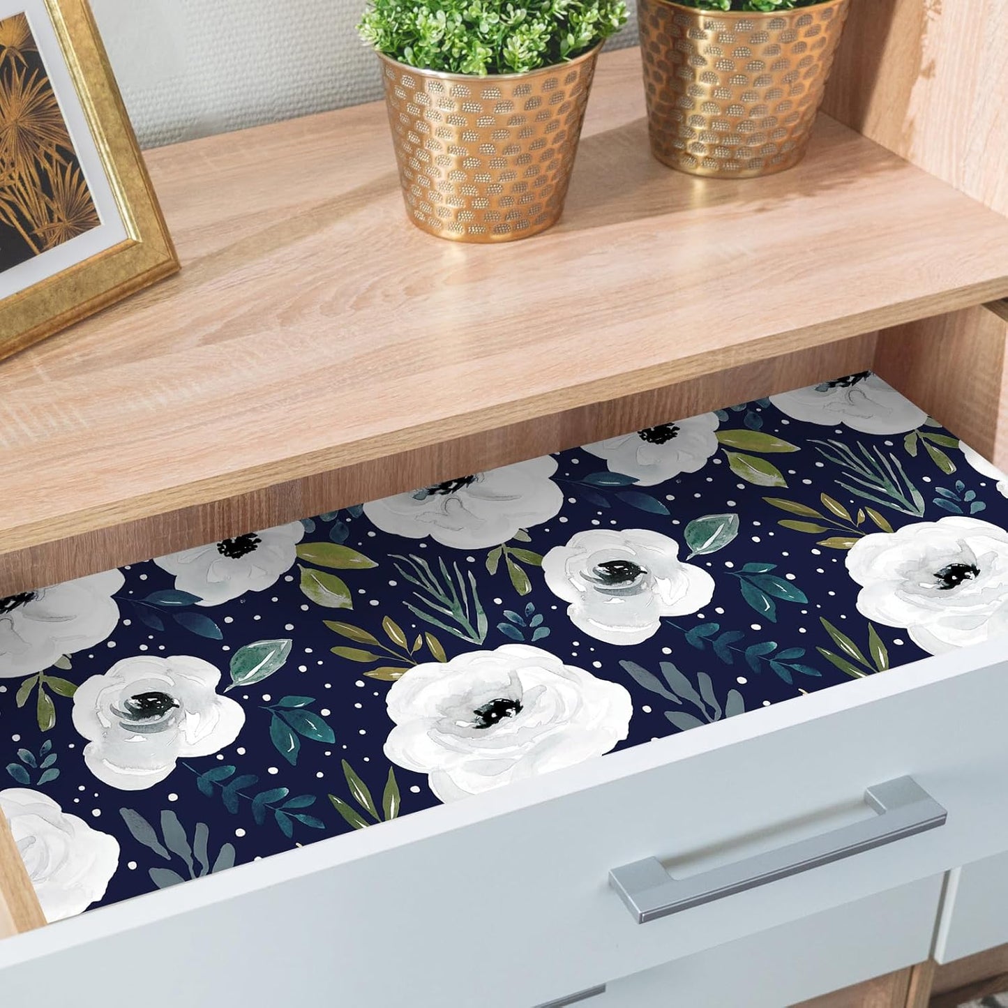 HAOKHOME Shelf Liner and Cabinet Liner Floral, Self-Adhesive Drawer Liners, Peel and Stick Contact Paper for Kitchen Cabinets and Cupboard,Bedroom Drawers, Navy/White/Green 17.3in x 6.5ft
