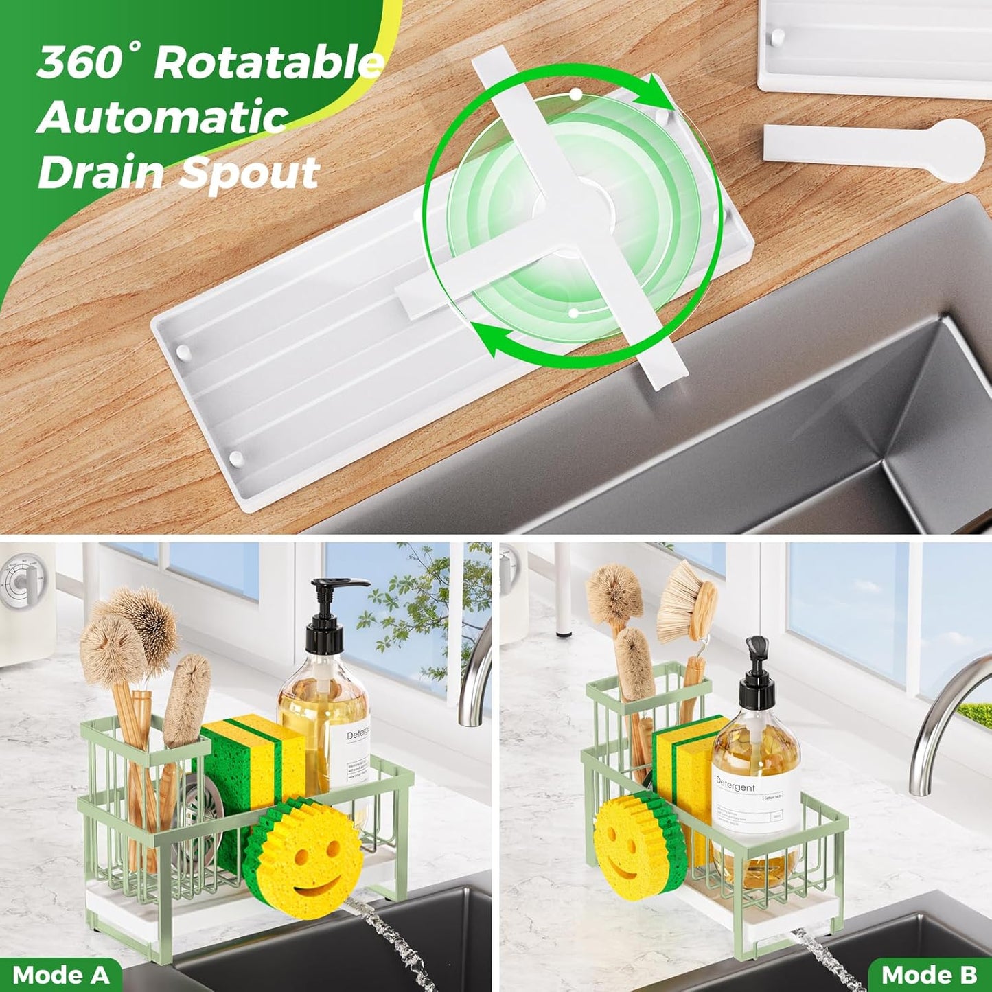 Sponge Holder for Kitchen Sink,Sink Caddy with Removable Dish Brush Holder,Self-Draining Kitchen Countertop Organizers and Storage Essentials,Soap Dispenser Organize and Home Decor-Green