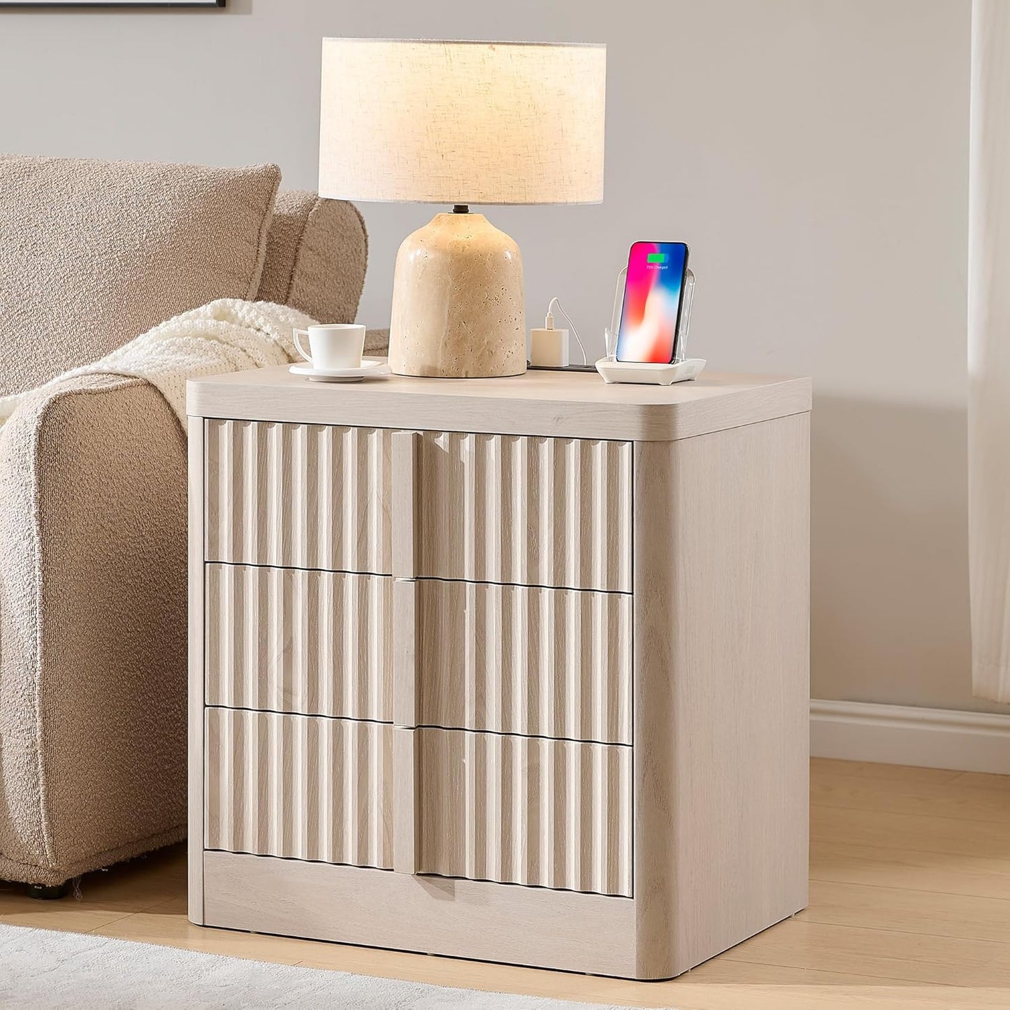 23.6" Nightstand with Charging Station, Side Table with 3 Large Storage Drawers, Mid Century Modern Night Stand with Solid Wood Handle, Bedside End Table for Bedroom, Living Room, Closet