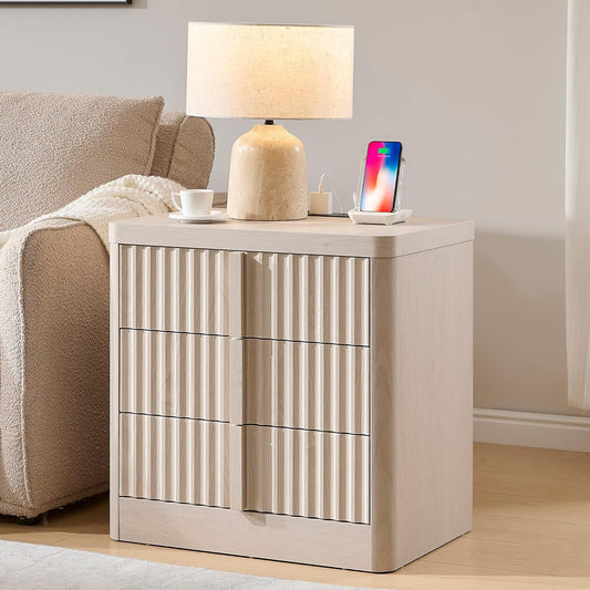 23.6" Nightstand with Charging Station, Side Table with 3 Large Storage Drawers, Mid Century Modern Night Stand with Solid Wood Handle, Bedside End Table for Bedroom, Living Room, Closet