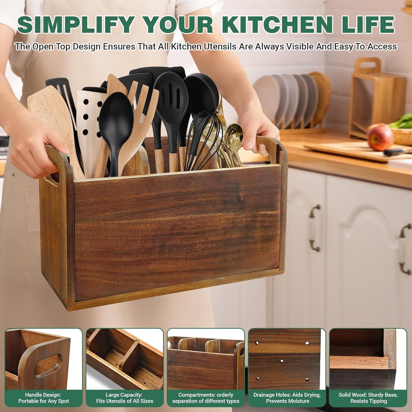 Acacia Wood Utensil Holder Kitchen Utensil Holder with 3 Compartments Cooking Spatula Organizer Large Cutlery Organizer for Kitchen Countertop Farmhouse Kitchen Decor
