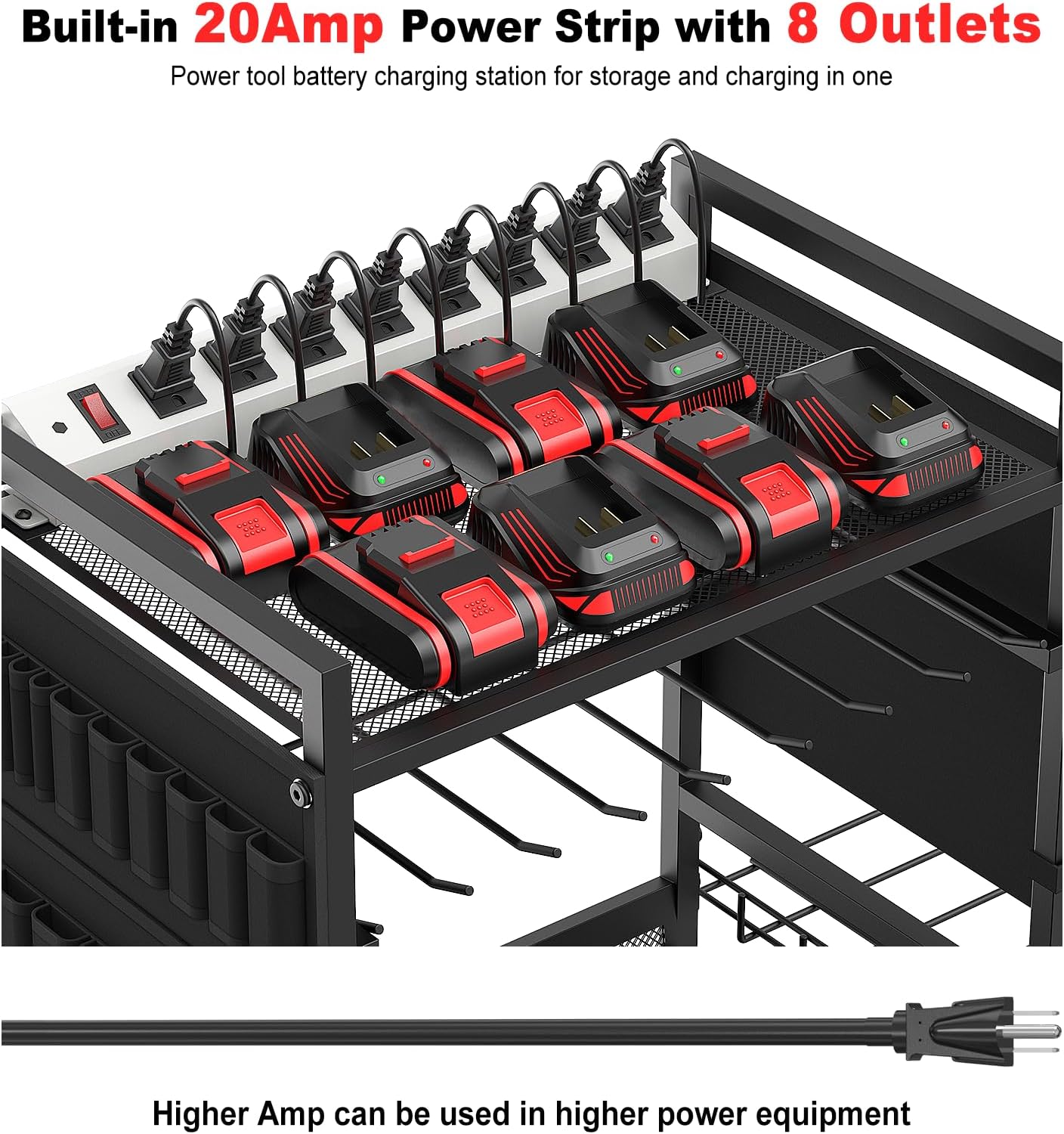 JUNNUJ Garage Large Power Tool Organizer Cart with 20A Charing Station, Heavy Duty Drill and Tools Battery Holder Storage Rack with 10 FT Power Strip, Floor Standing Rolling Tool Cart on Wheels, Black