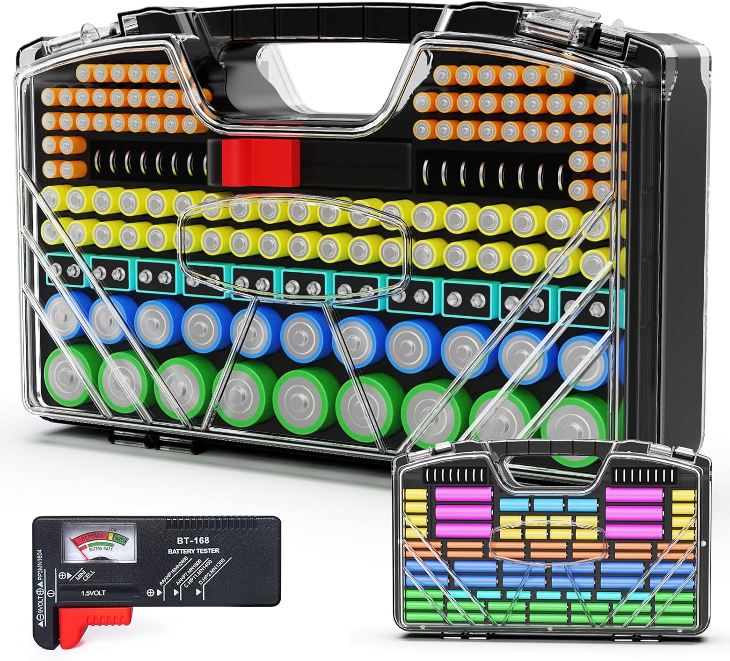 Battery Organizer Storage Holder Box Case with Tester, New Ultra-Large 285+Batteries Double-Sided Variety Pack, Holds AA AAA 4A C D Button Cell 9V 3V CR123 CR1632 LR44 Lithium18650 CR2 Black