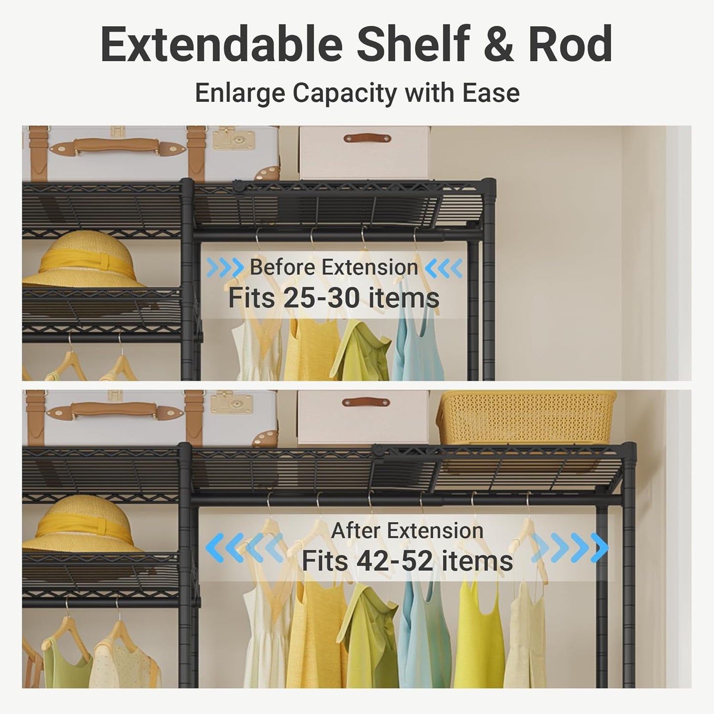 VIPEK X20 Plus Expandable Reach-in Closet Rack Adjustable from 3'9" to 5'2" Clothing Rack with Extendable Shelves and Hanger Rods Portable Clothes Racks Open Walk-in Closet System, Black