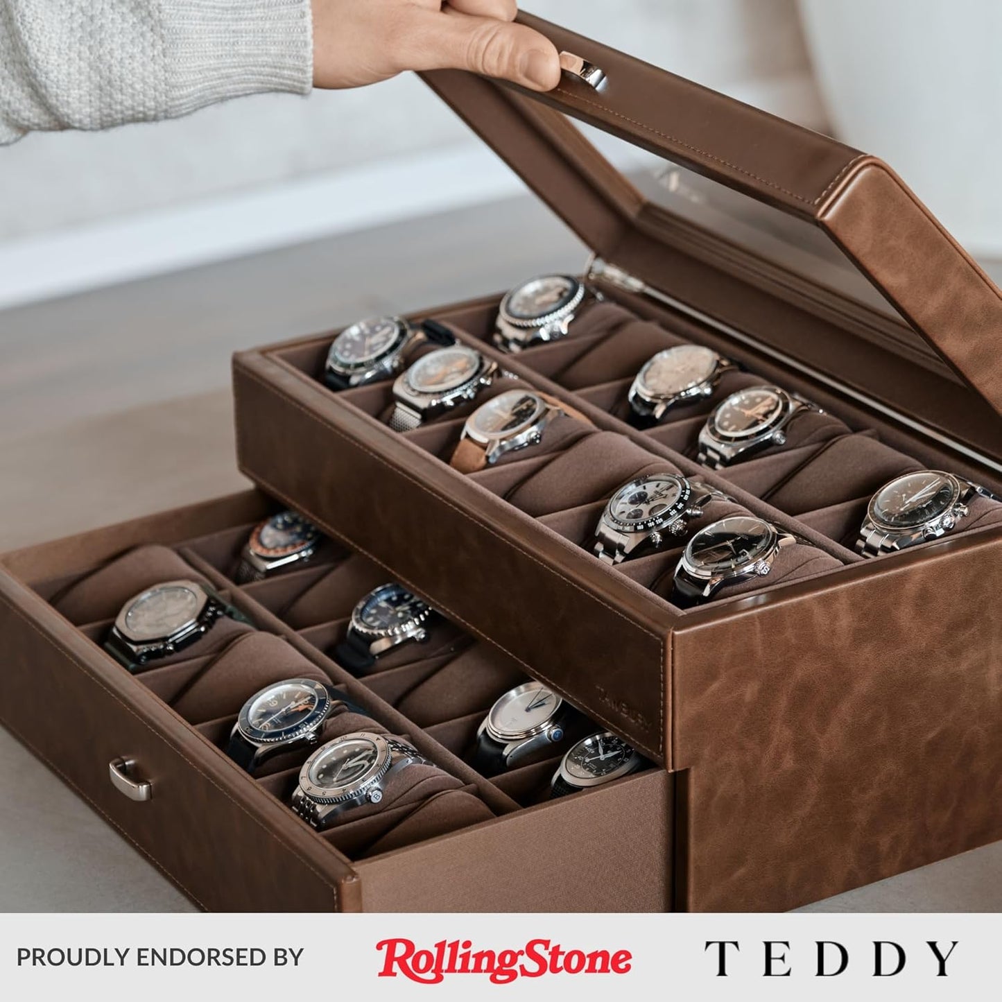 TAWBURY 24 Slot Watch Box for Men - Extra Large Watch Case with Double-Layer Design for Optimized Storage | Removable Drawer for Easy Handling (Brown)