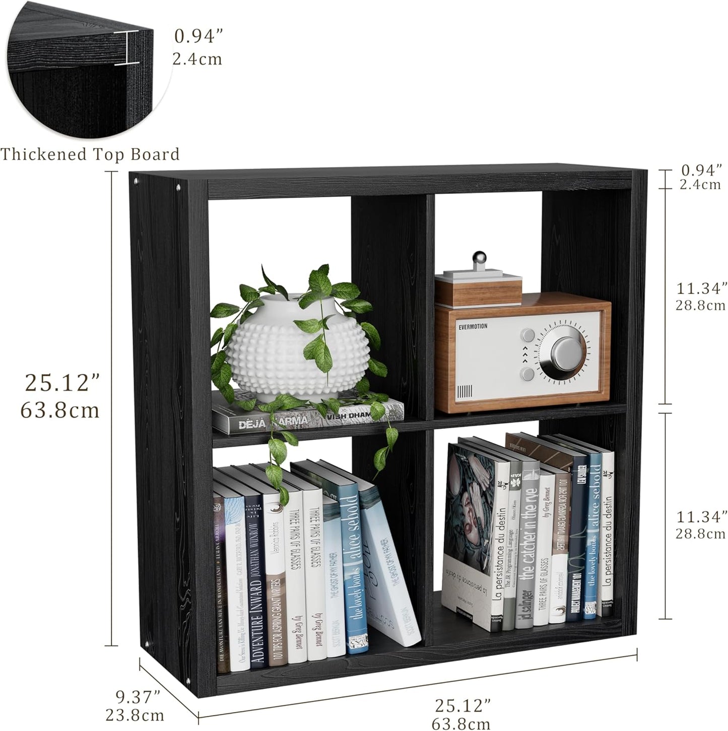 Cube Storage Organizer Bookcase, Decorative 11 inch Open Back Cubical Shelf with Thickened Border, Display Bookshelf for Living Room, Home Office, Sturdy Room (Black, 4 Cube)