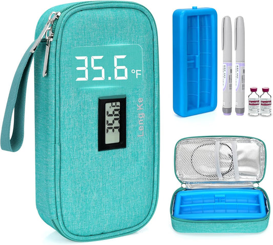 Insulin Cooler Travel Case, TSA Approved Refrigerated Medicine Travel Bag with Protective Ice Brick, Temperature Display Diabetic Medication Cooling Bag for Pen & Vials (Green)