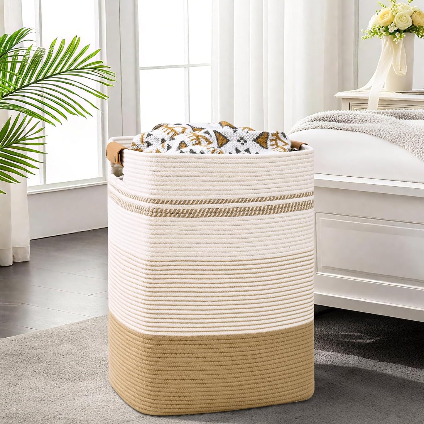 Laundry Hamper, 75L Tall Laundry Basket with Leather Handles, Rectangle Large Clothes Hamper for Organizing, Cotton Woven Laundry Baskets Storage Hampers for Bedroom, Nursery, Living Room