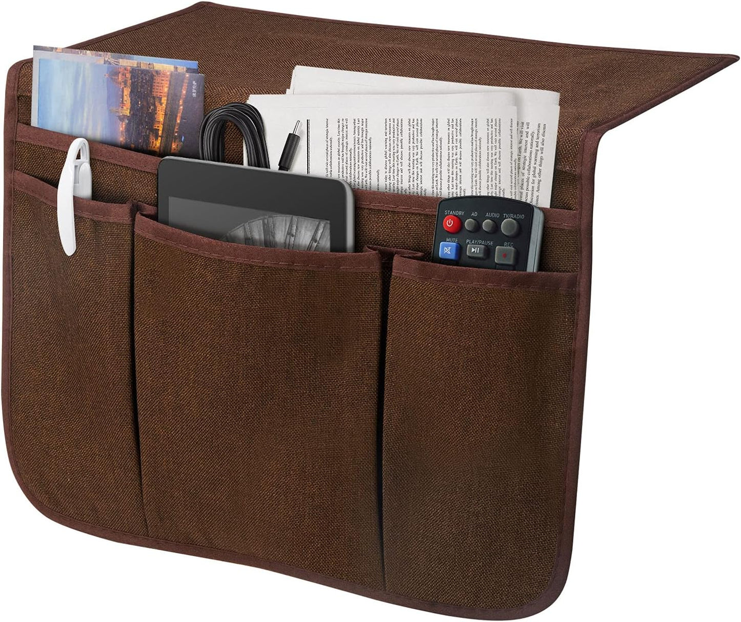 Bedside Caddy Bedside Storage Organizer Magazine Phone Tablet iPad Remote Holder, Organizer Caddy for Home College Dorm Bed, Sofa, Bunk Bed (Brown)