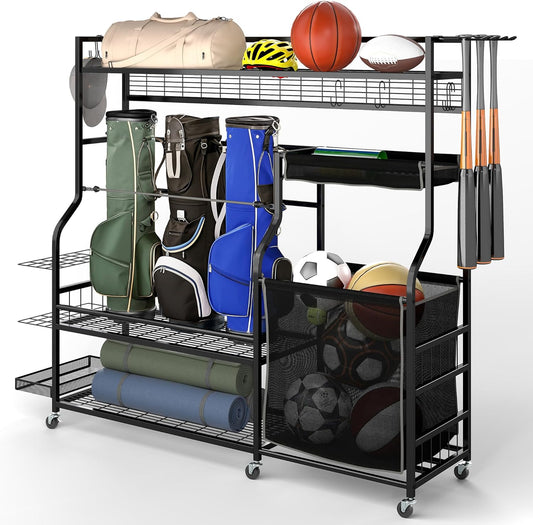 YITAHOME Multi-Functional Sports Organizer for Garage, Golf Gear Storage Rack for 3 Bags and Clubs, Ball Storage Bins with Wheels, Multi-Layer Sports Equipment Rack with Hooks
