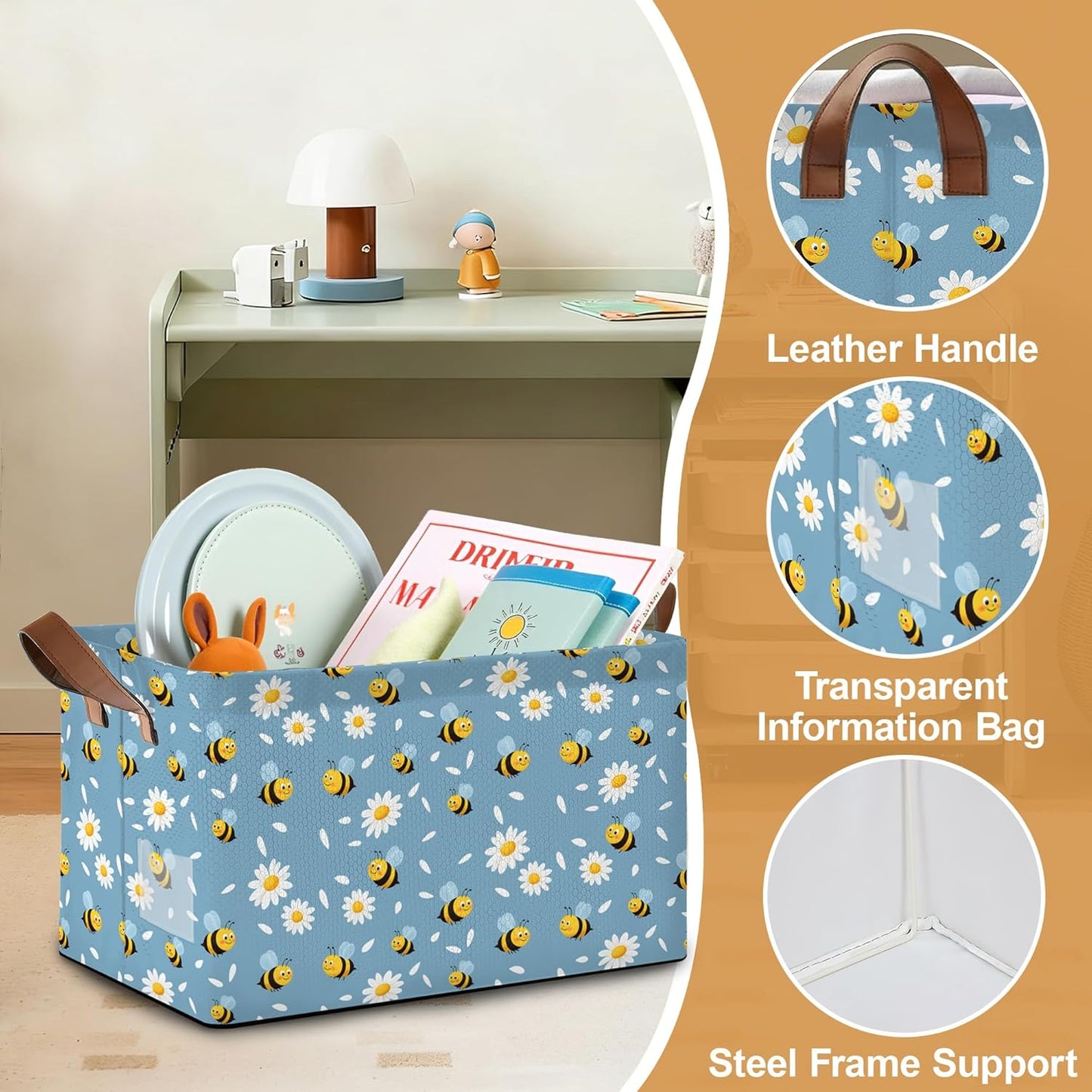 32L Large Storage Bins with Handles, Basket Organizer for Shelves, Closet, Books, Laundry & Home Decor (Bee Daisy)