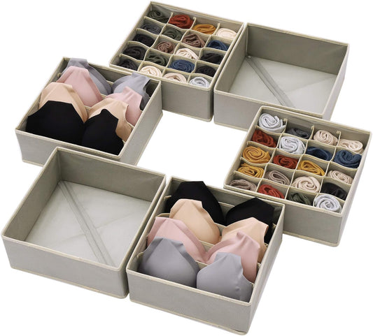 DIOMMELL Set of 6 Foldable Cloth Storage Box Closet Dresser Drawer Organizer Fabric Baskets Bins Containers Divider for Clothes Underwear Bras Socks Lingerie Clothing, Grey 22-2000