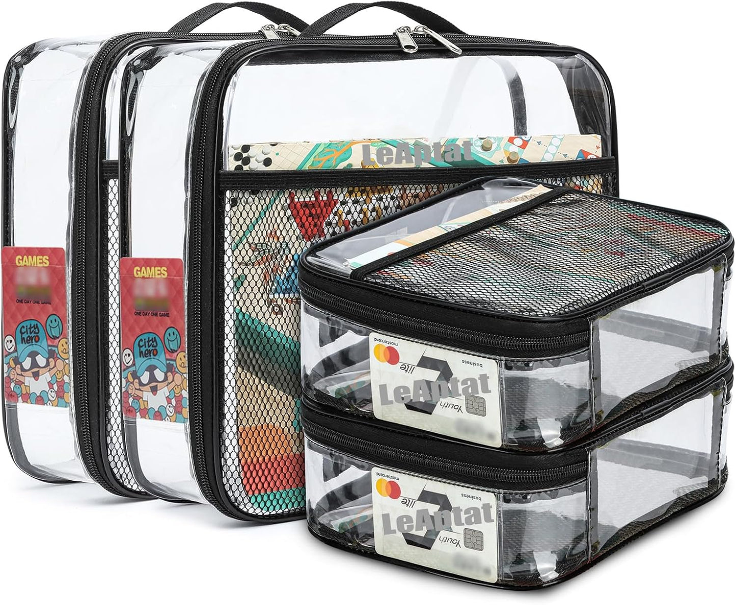 4 Pack Clear PVC Waterproof Toy Storage Bags with Name Tag Pockets - Zippered Organizer for 2x4 Building Blocks, Puzzles, Travel Toiletries, Kids Room Organization (Black, S & M)