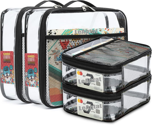 4 Pack Clear PVC Waterproof Toy Storage Bags with Name Tag Pockets - Zippered Organizer for 2x4 Building Blocks, Puzzles, Travel Toiletries, Kids Room Organization (Black, S & M)