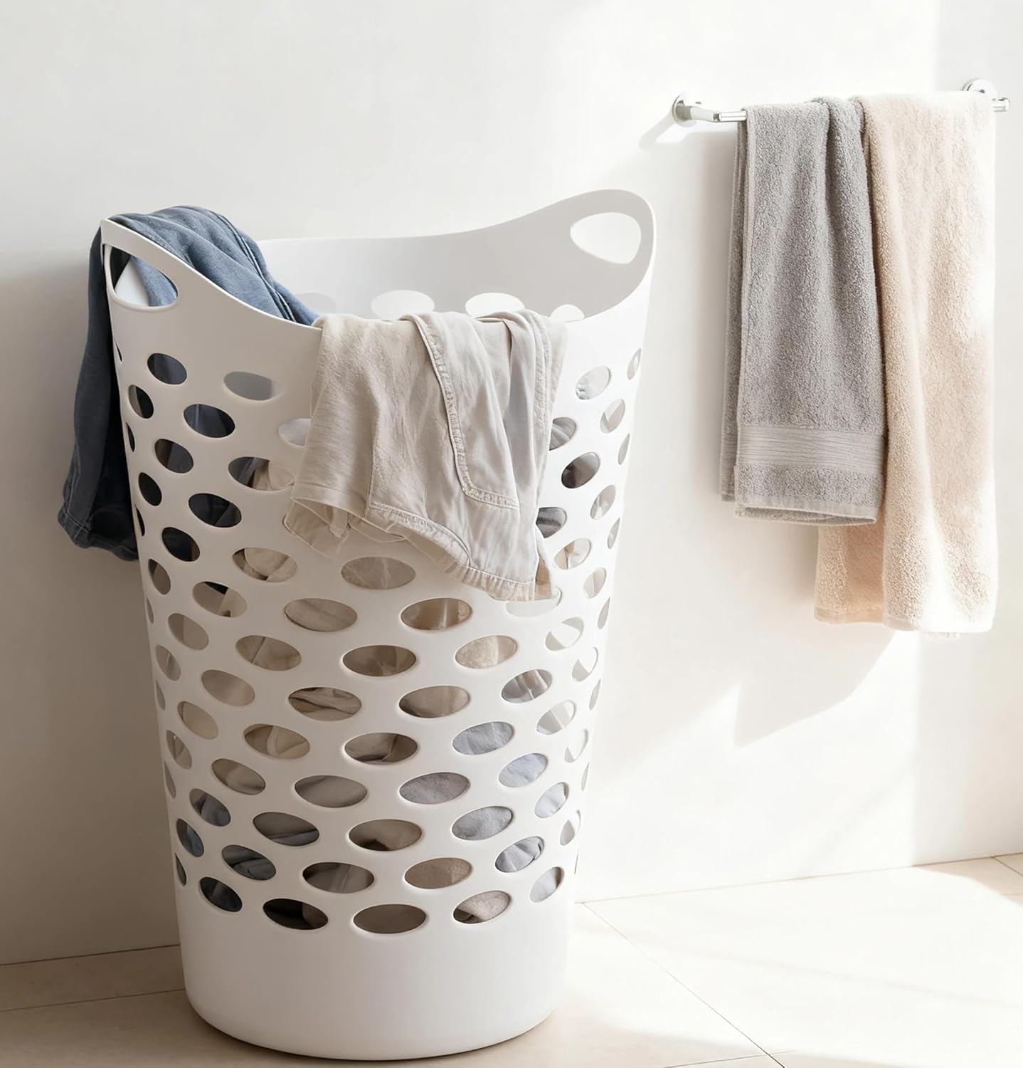 3 Pack Round Plastic Laundry Hamper with Handles, Lightweight & Flexible, 2.2 Bushels Large Capacity, Easy to Clean, Space Saving Laundry Basket for Bedroom, Dorm, Bathroom, White