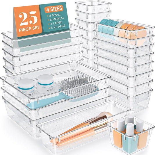 25 PCS Drawer Organizer Set, 4 Varied Size Bathroom and kitchen Drawer cabinet organizer Trays, Clear Storage Bins for Makeup, Jewelry, Utensils and Gadgets