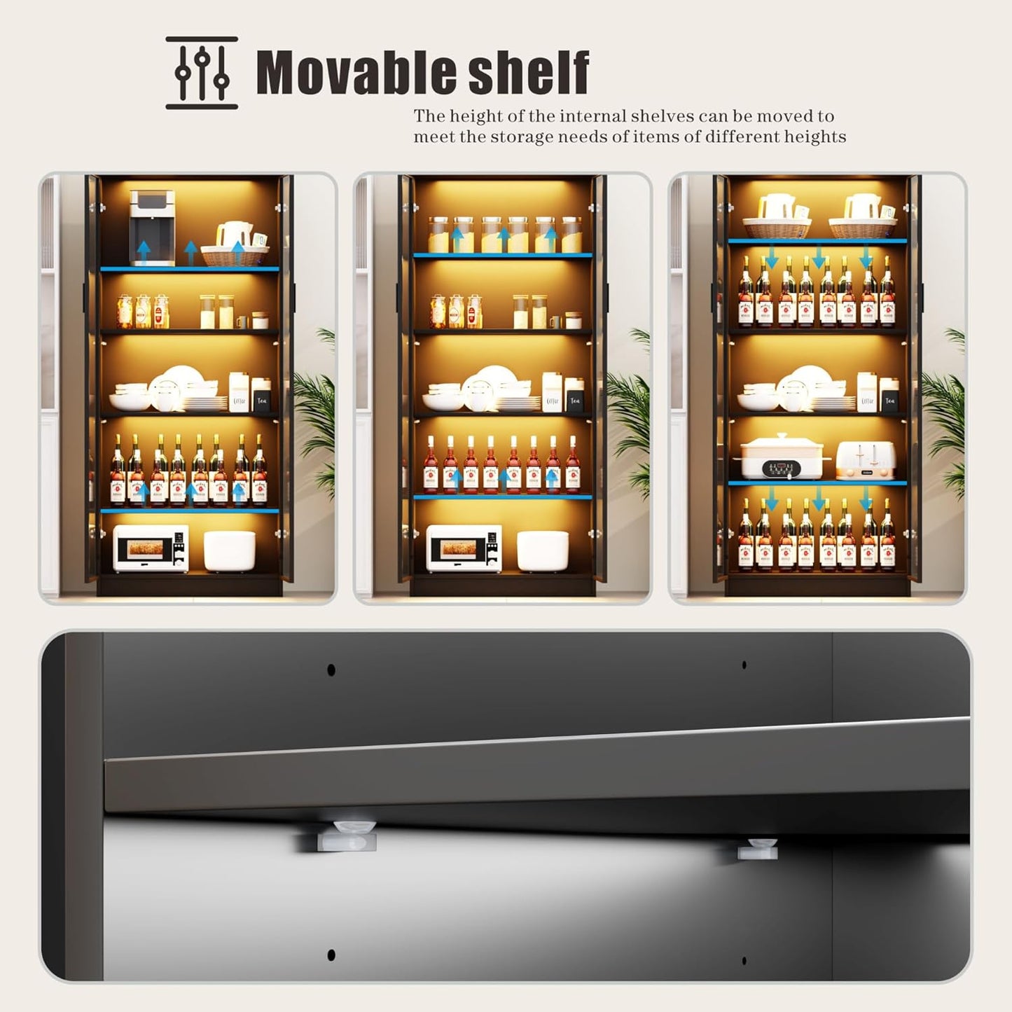 Display Cabinet with Doors and Adjustable Shelves, 65" Tall Bookcase with LED Lights/Human Sensor, 5 Tier Display Case for Collectibles Bedroom Living Room Office, Black