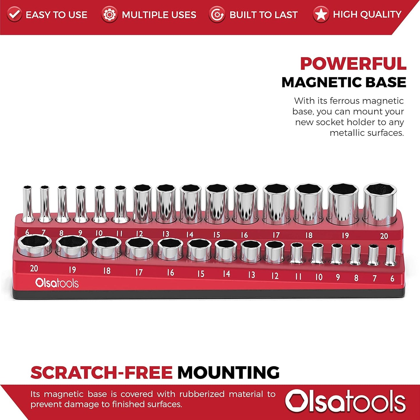Olsa Tools Magnetic Socket Holder | 3/8-inch Drive | Metric | Red | Holds 30 Sockets | Professional Quality Tools Organizer