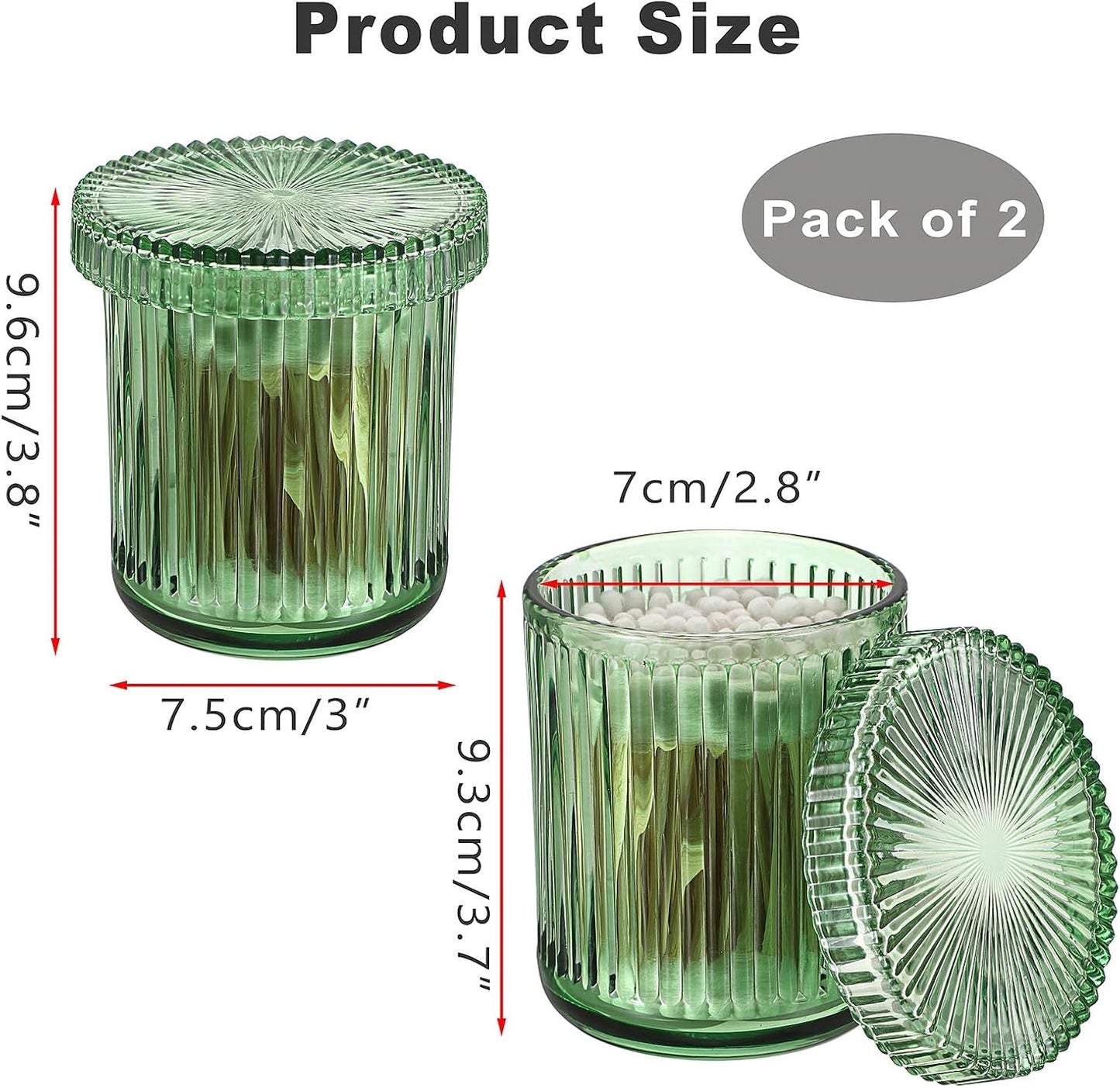 2 Pack Glass Qtip Holder with Lid, Qtip Dispenser Bathroom Storage Jars- Glass Apothecary Jars for Cotton Ball, Swab, Pads, Floss Picks, Bathroom Accessories Organization and Vanity Organizer(Green)