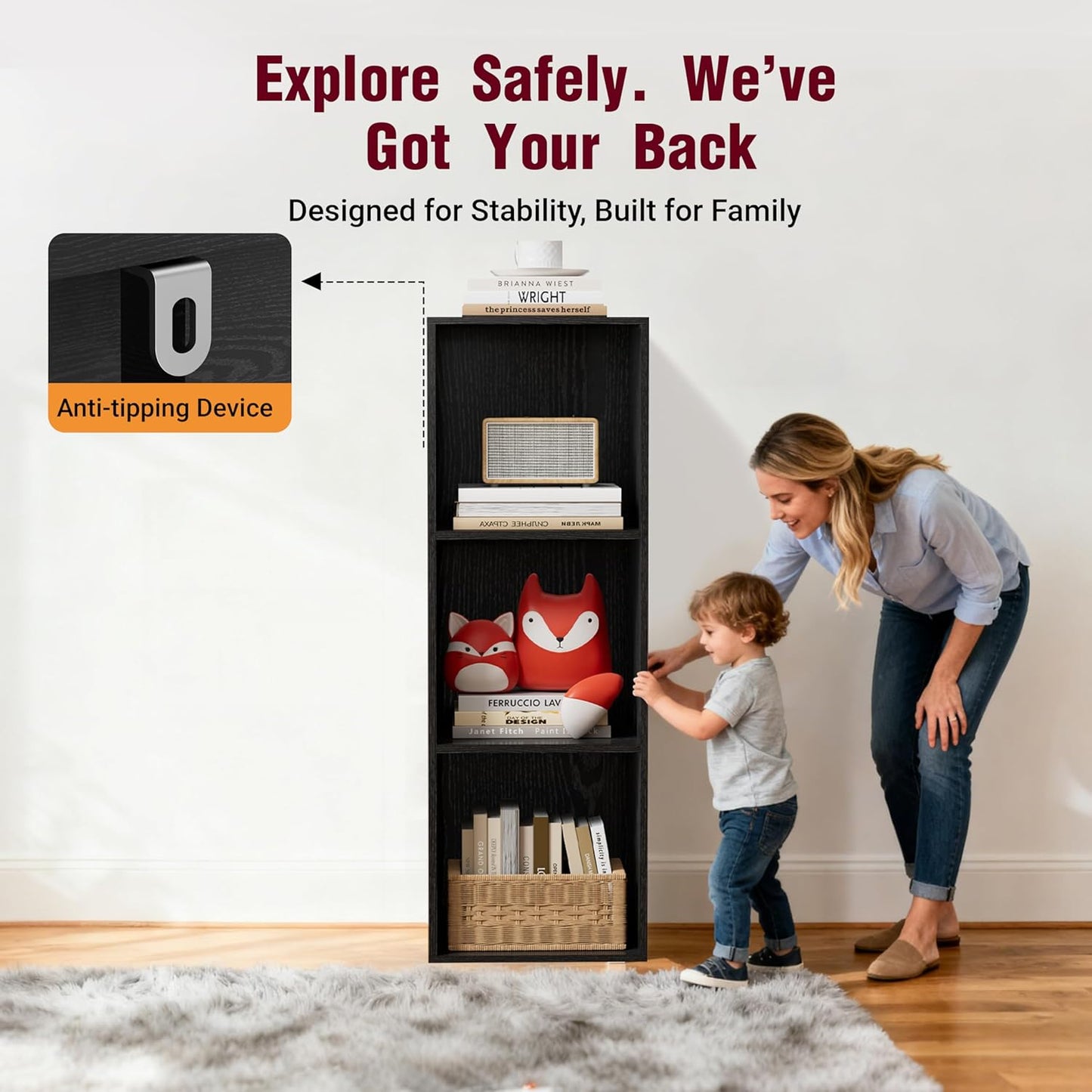 Book Shelf, Wooden Cube Storage Organizer with 11" Open Cubes, Stackable Modular Bookcase for Room Divider Storage, 3 Tier Bookshelf for Living Room, Bedroom, Office (Black, 3-Cube)
