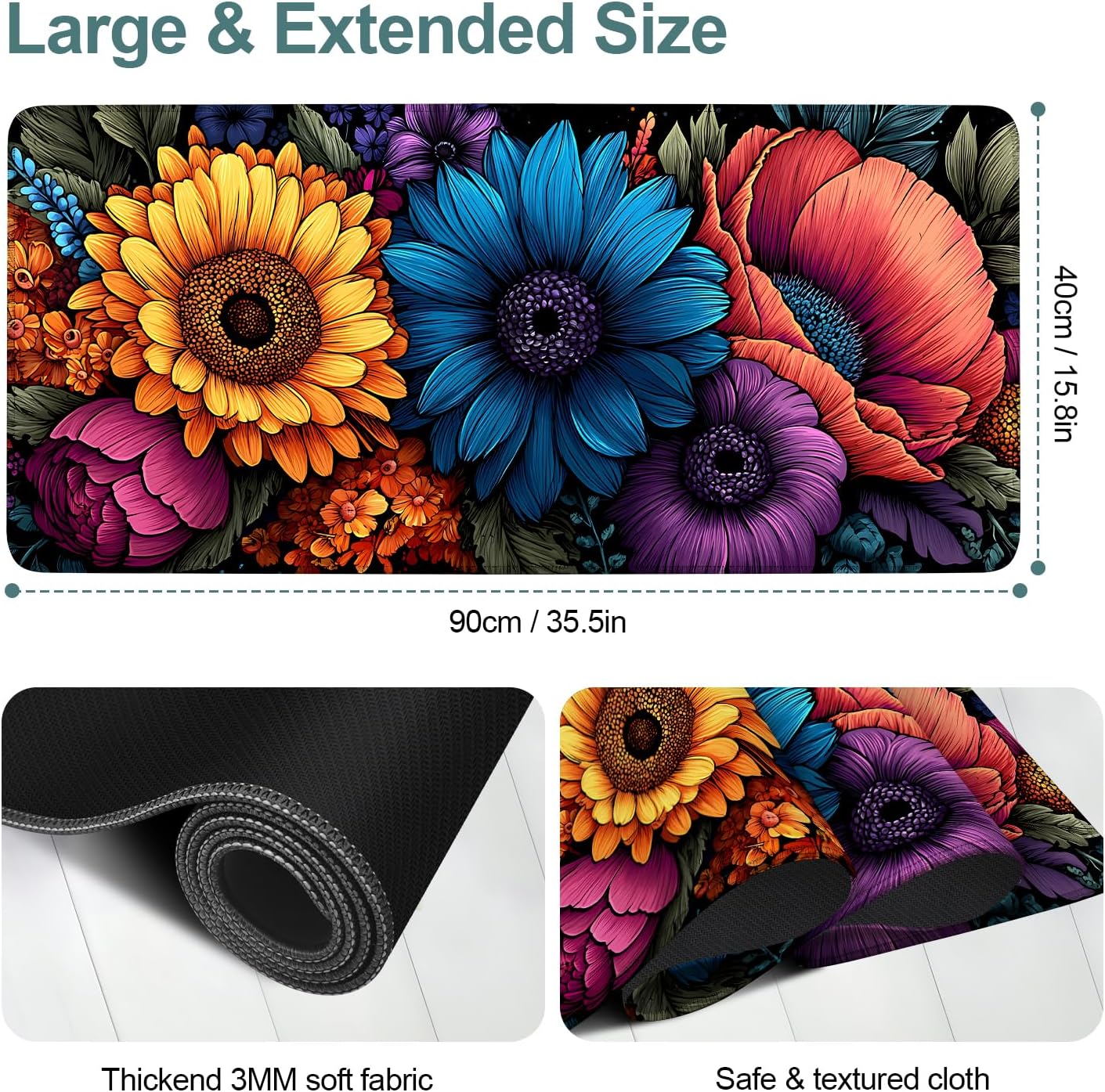 Flower Gaming Mouse Pad 35.4"x15.7"Desk Mat Anti-Slip Rubber Base & Durable Stitched Edges for Gamers Smooth Mouse Writing Surface for Desk Office/Home