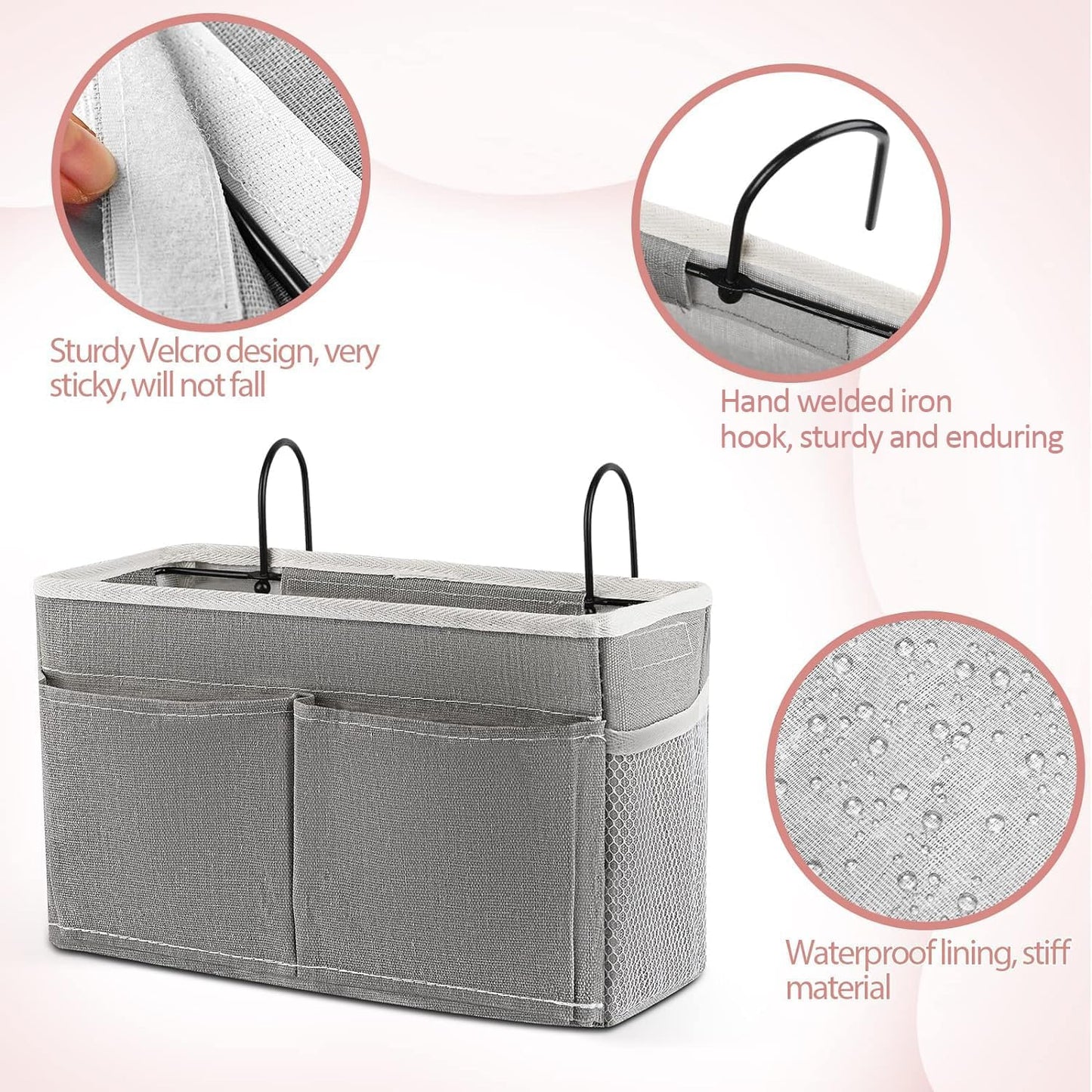Bedside Caddy Hanging Storage with Water Bottle Holder for Bunk Bed, Hospital Bed, Dorm Rooms (Grey)