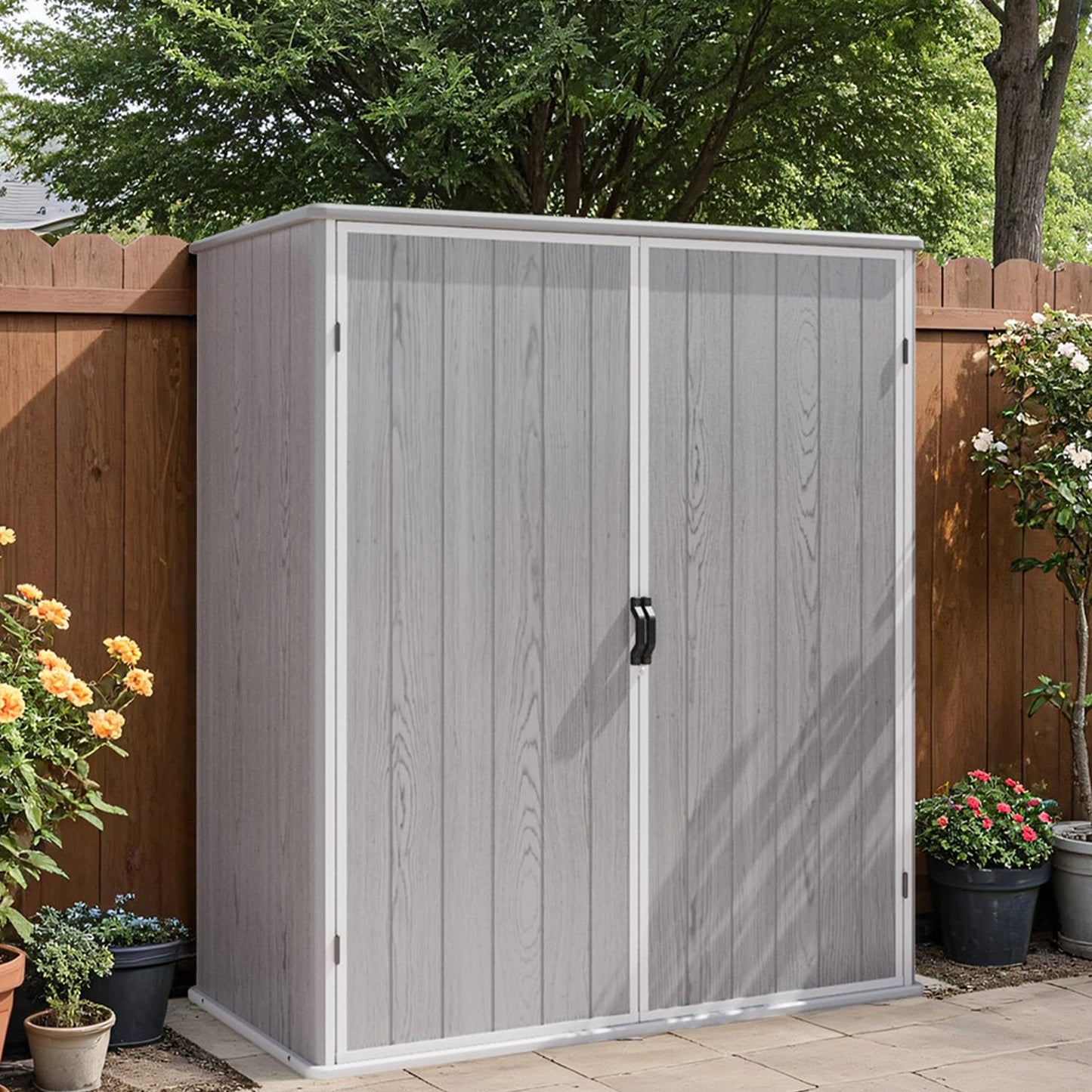 Patiowell 5x3 FT Outdoor Storage Shed with Floor, Plastic Vertical Storage Cabinet with Lockable Doors for Garden, Pool Storage, Tools and Patio Furnitrue Accessories, Light Gray(Fit-it Shed)