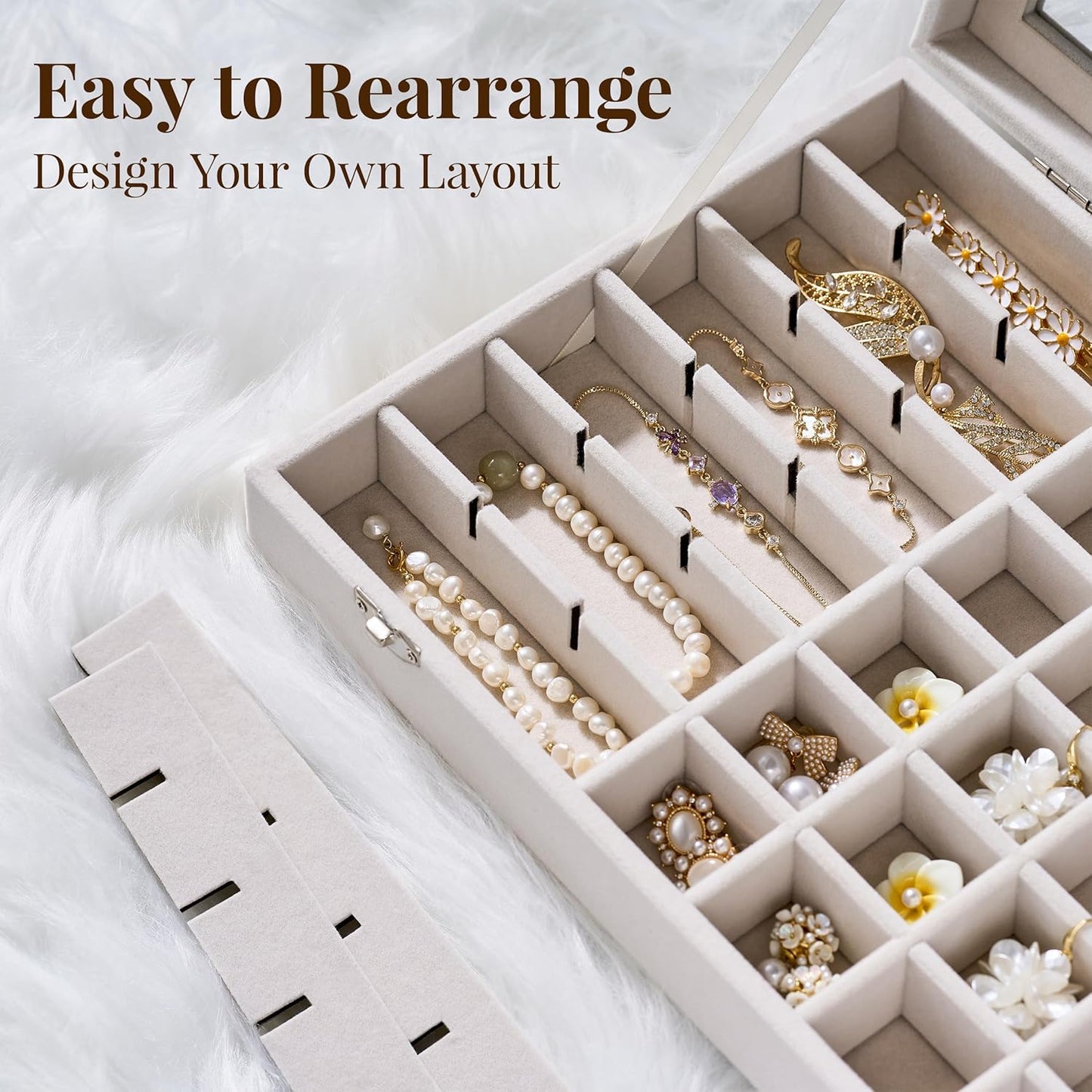 48 Grid Earring Organizer and Storage: Velvet Jewelry Tray with Lid, Jewelry Box for Studs, Earrings, Rings, Necklaces, Dresser & Vanity, Earrings Case for Girls, Women, Beige
