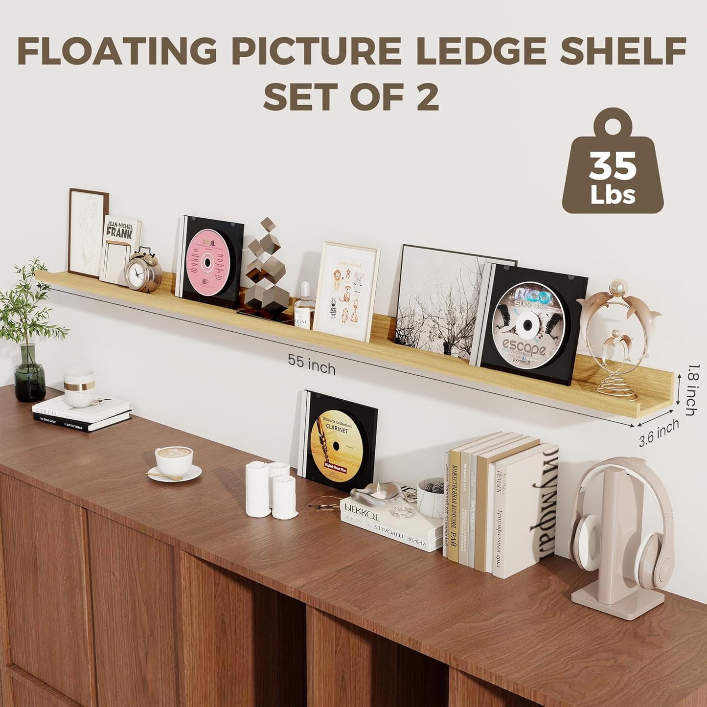 Axeman Oak Floating Shelves - 55 Inch Picture Ledge Shelf Set of 2 - Oak Wall Shelves with Lip - Picture Shelf for Wall with Ledge - Photo Ledge Shelves for Pictures Nursery Books